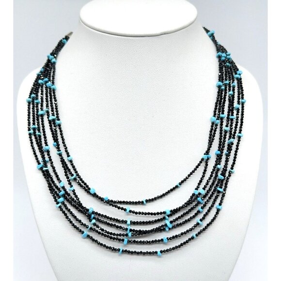 Jay King Necklace Black Spinel Turquoise & 7 Strand Layered Sterling Silver 18" - Picture 2 of 11